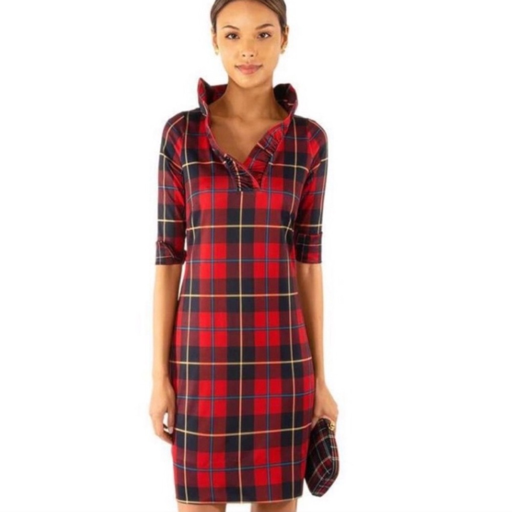 Gretchen Scott‎ Plaidly Red Plaid Ruffle Neck Holiday Dress.